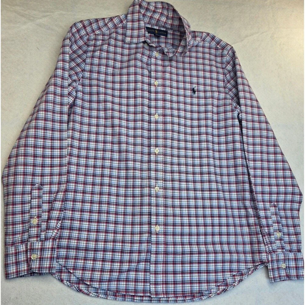Ralph Lauren XL Tall 18 20 Red White Blue Plaid Long Sleeve Button Up Shirt